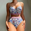 Blue high waist push-up bikini swimsuit for women with polyester lining