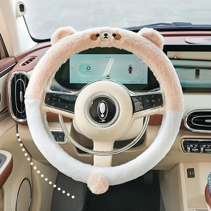 Winter plush steering wheel cover with embroidered cartoon animal design on 38cm steering wheel