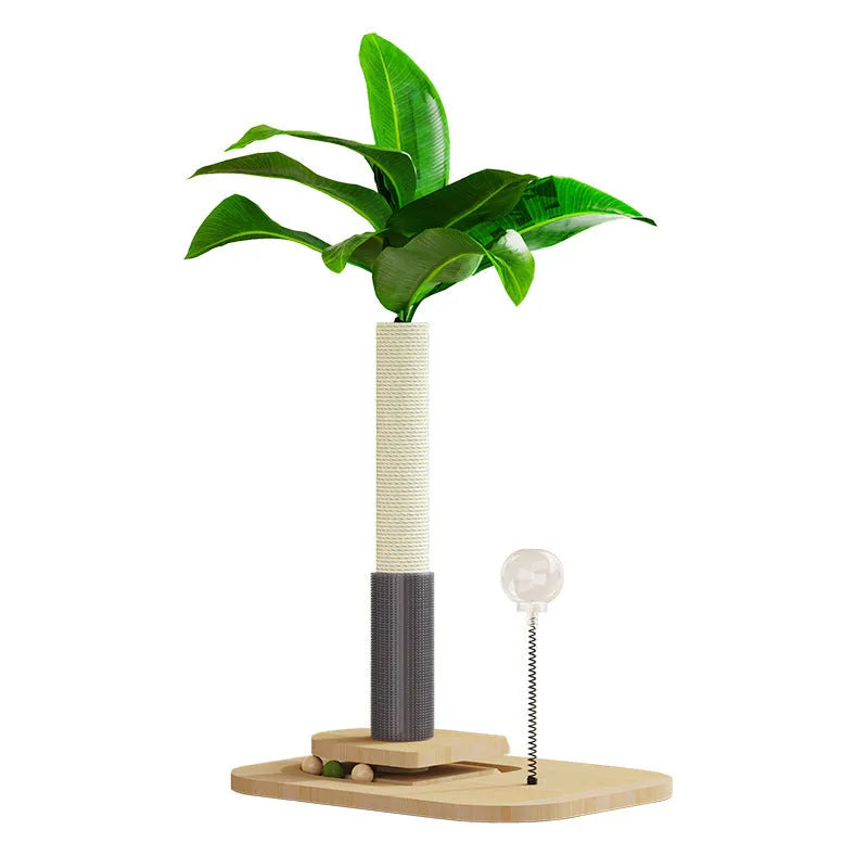 Wooden vertical cat scratching post with canna grab column and food drop ball