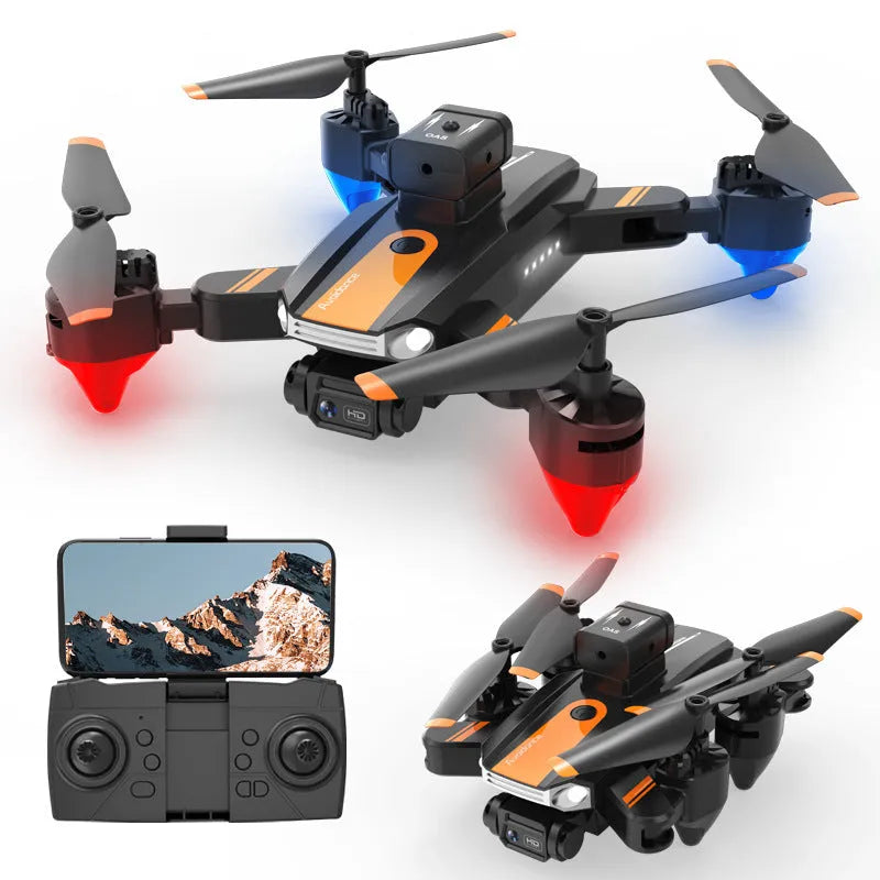 Orange and black quadcopter drone with dual cameras and propeller guards, shown on a white background