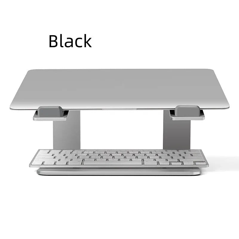 Black aluminium alloy laptop stand on a desk, elevating a silver laptop.