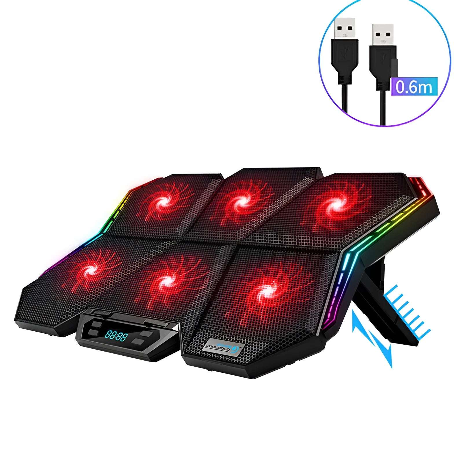 Black and red plastic notebook cooling pad with six fans, USB cable, for laptops and tablets.