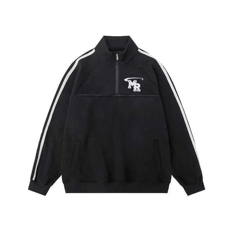 Black stand collar polyester sweatshirt in Hong Kong style for men's casual sports wear