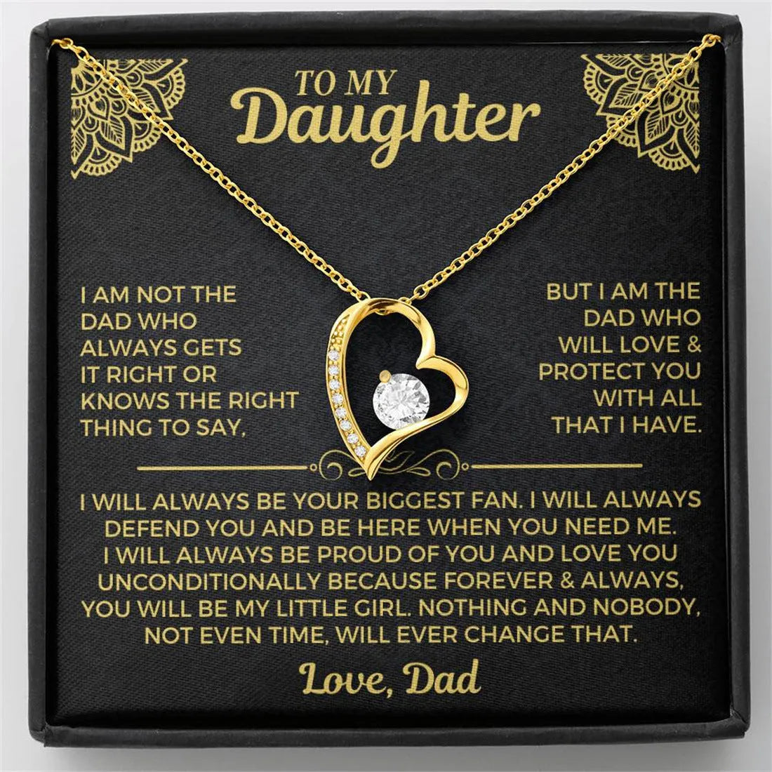 Gold hollow heart pendant necklace presented in an open flip gift box with a card.