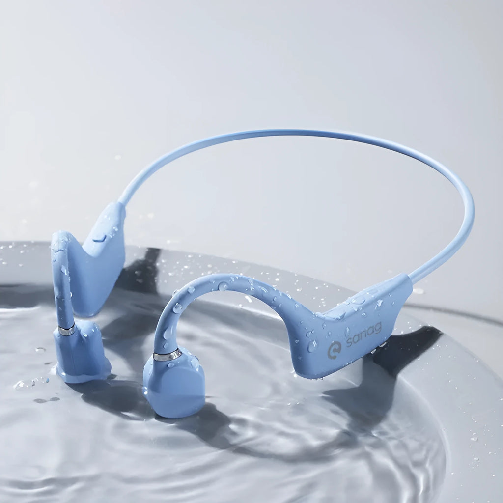Bone conduction Bluetooth sports headset in hanging neck design, shown in multiple colour options.