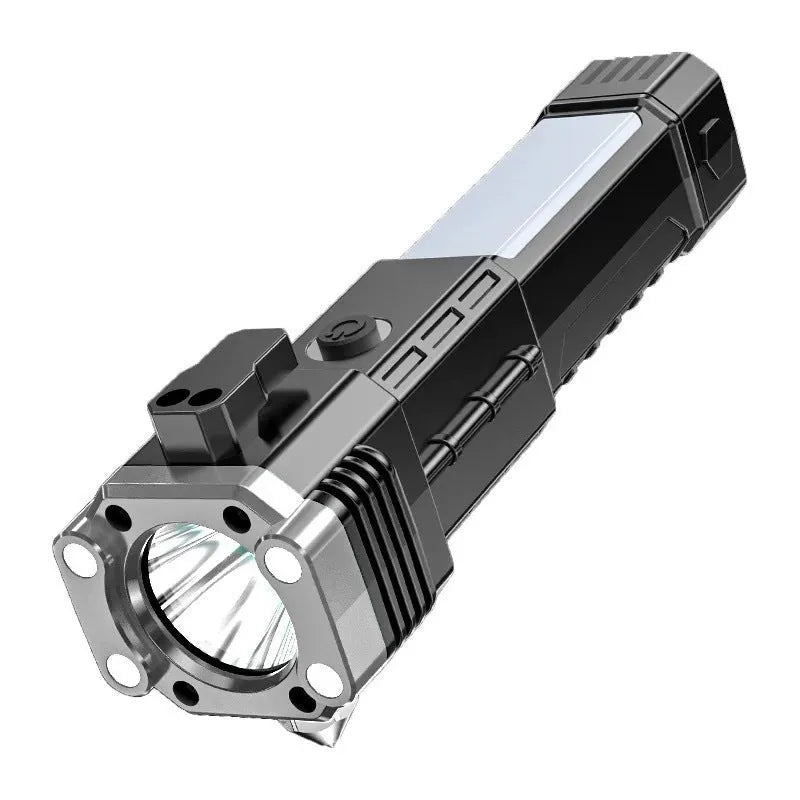 Silver coloured plastic IP44 waterproof power bank flashlight with strong LED light for outdoor use.