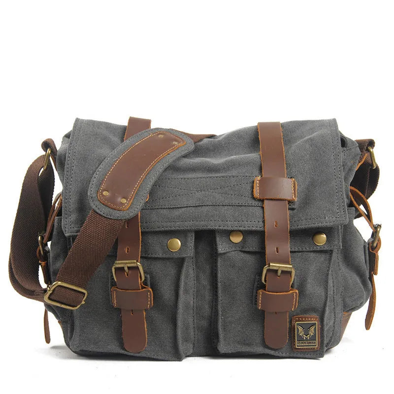 Men's brown retro canvas crossbody bag with a flap closure and a single shoulder strap.