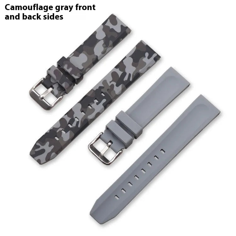 Blue camouflage silicone watch strap with flat head lugs for universal fit.