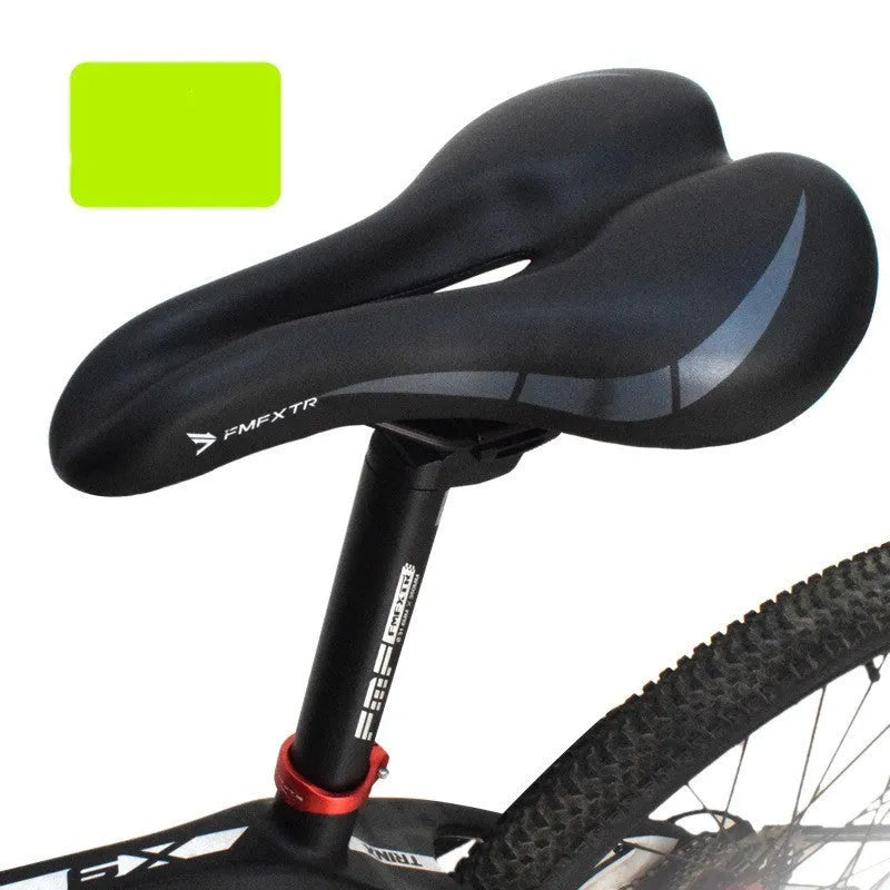 Black PU leather bicycle seat cushion with a hollow centre design on a bike saddle.