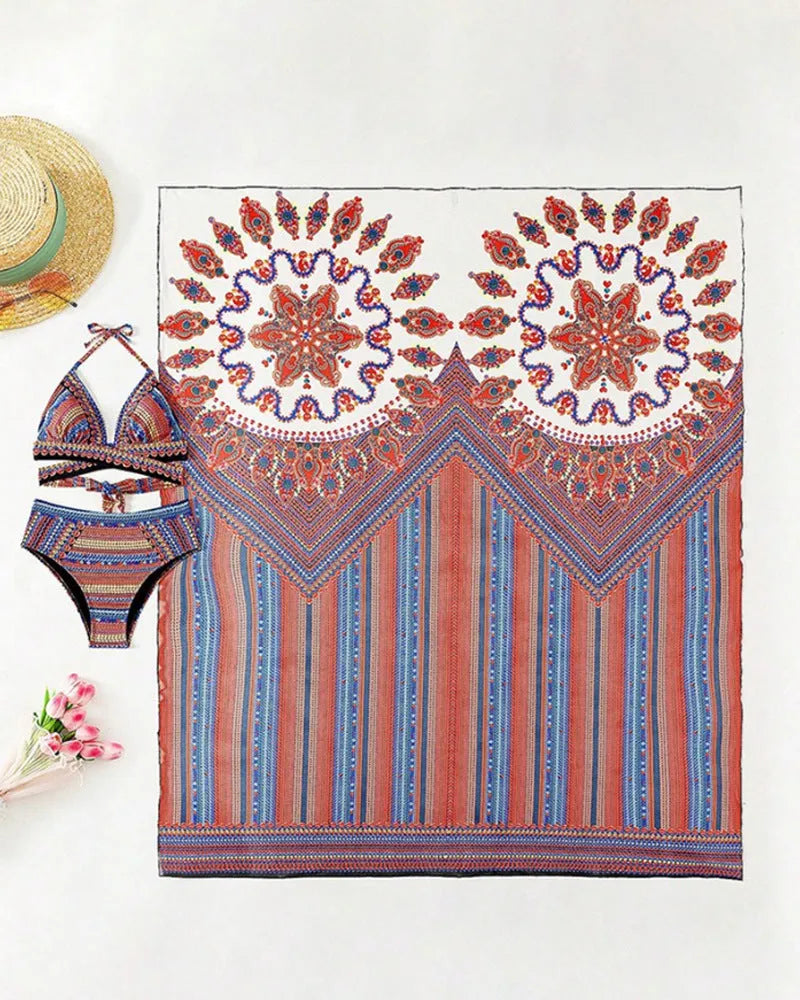 Women's three-piece swimsuit set showing sleeveless blouse, high-waisted briefs, and matching coat in picture colour