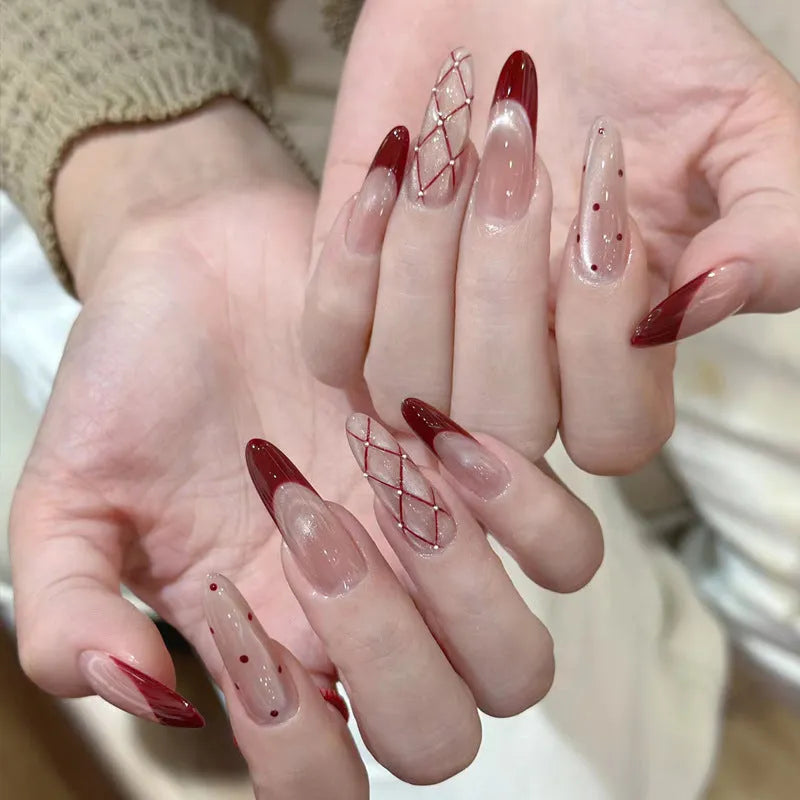 False nails with gel polish finish in assorted colours and patterns