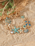 Women's marine boat anchor and starfish alloy bracelet in turquoise, coral red or coral blue colour