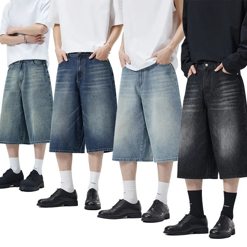 Men's straight-leg cotton denim shorts in cropped length on a casual model