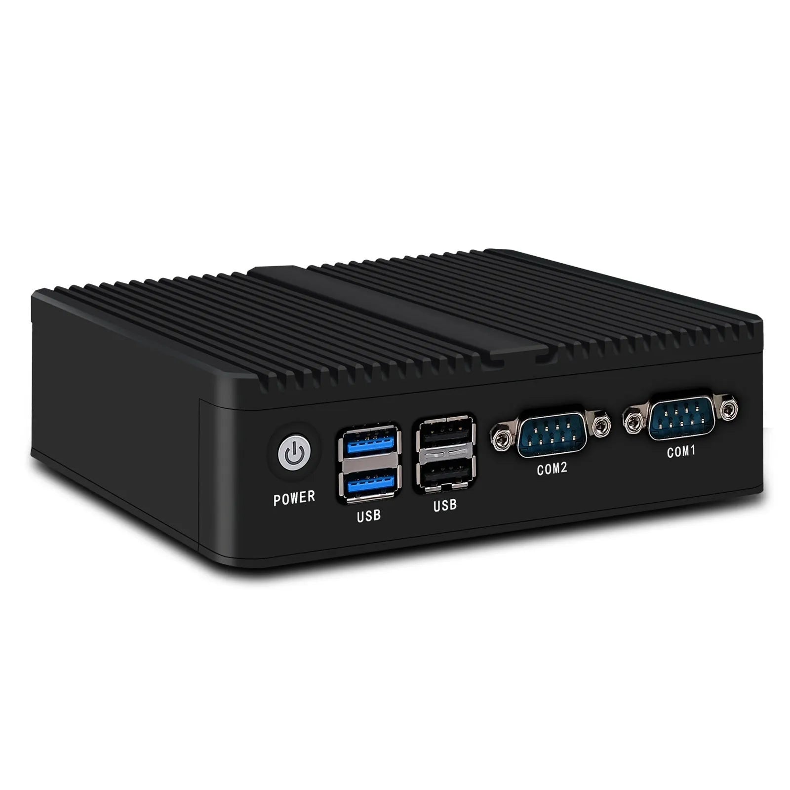 Compact aluminium fanless industrial mini PC with dual network ports on rear panel