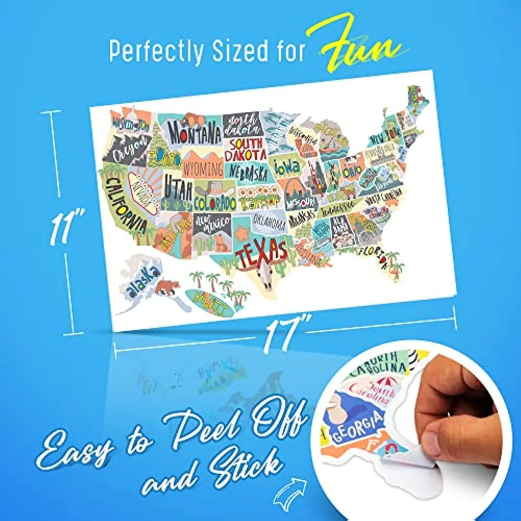 Travel-themed car body sticker set with map design and individual letter decals on white background