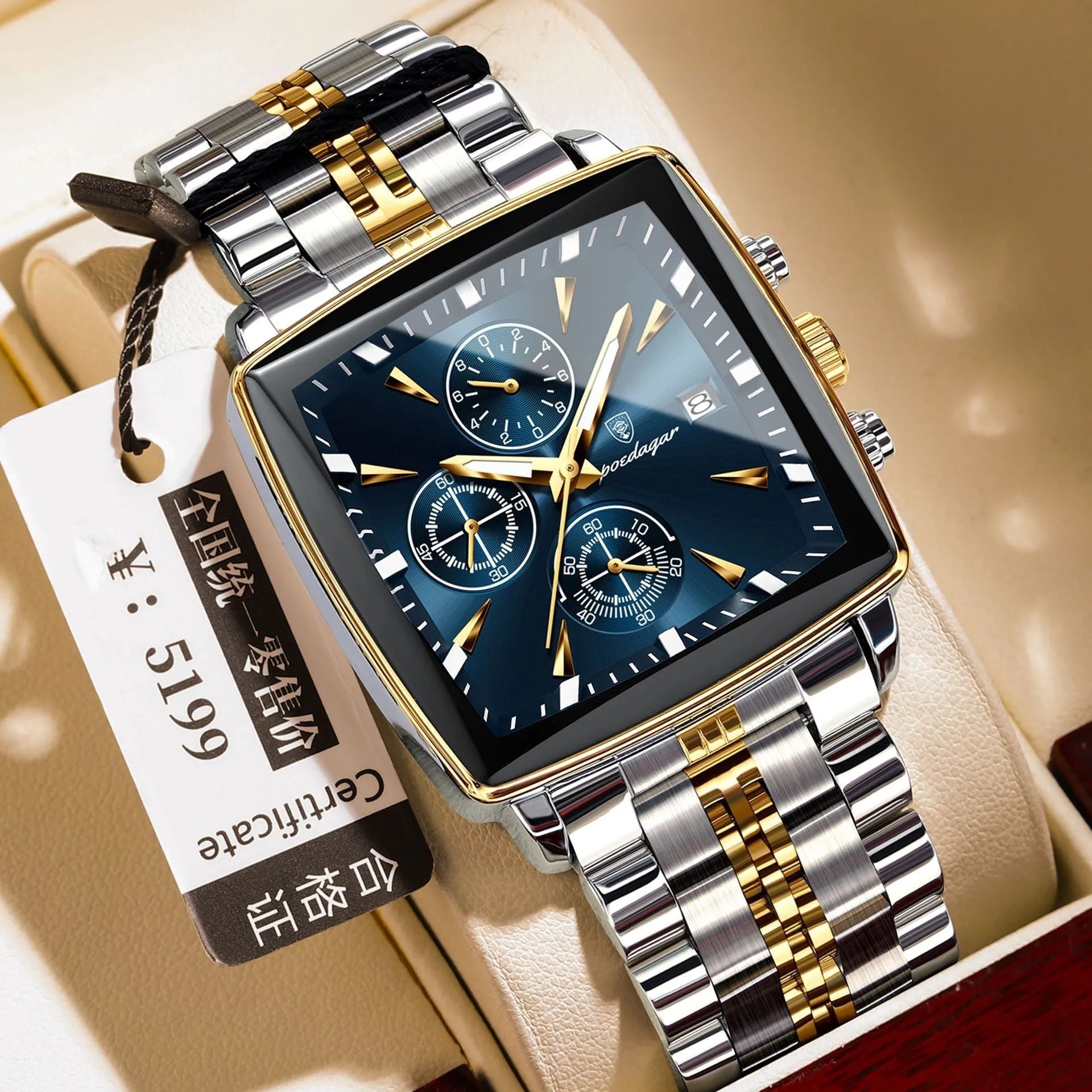 Square men's business watch with alloy case and stainless steel bracelet on wrist.