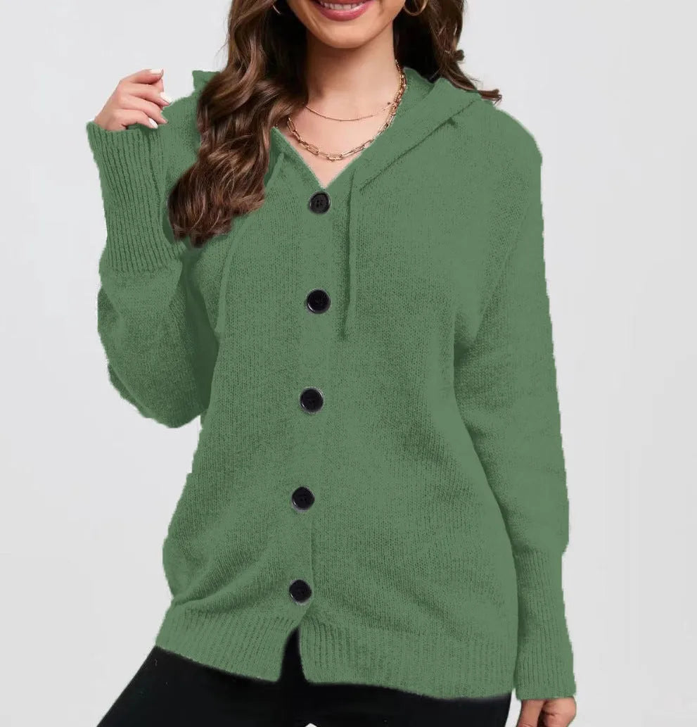 Women's thick cotton hooded cardigan sweater in loose fit, shown in Army Green colour.