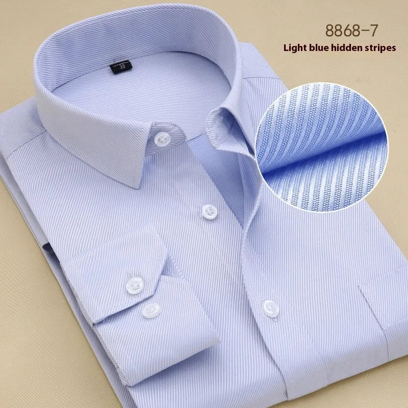 Men's black slim-fit long-sleeve cotton business shirt for professional work attire.
