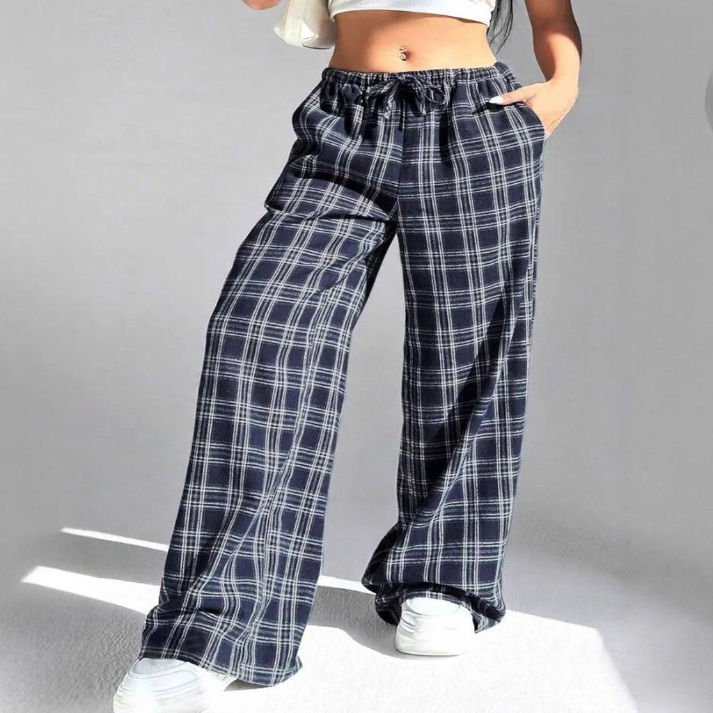 Women's red casual trousers with drawstring waist and plaid pockets in loose fit