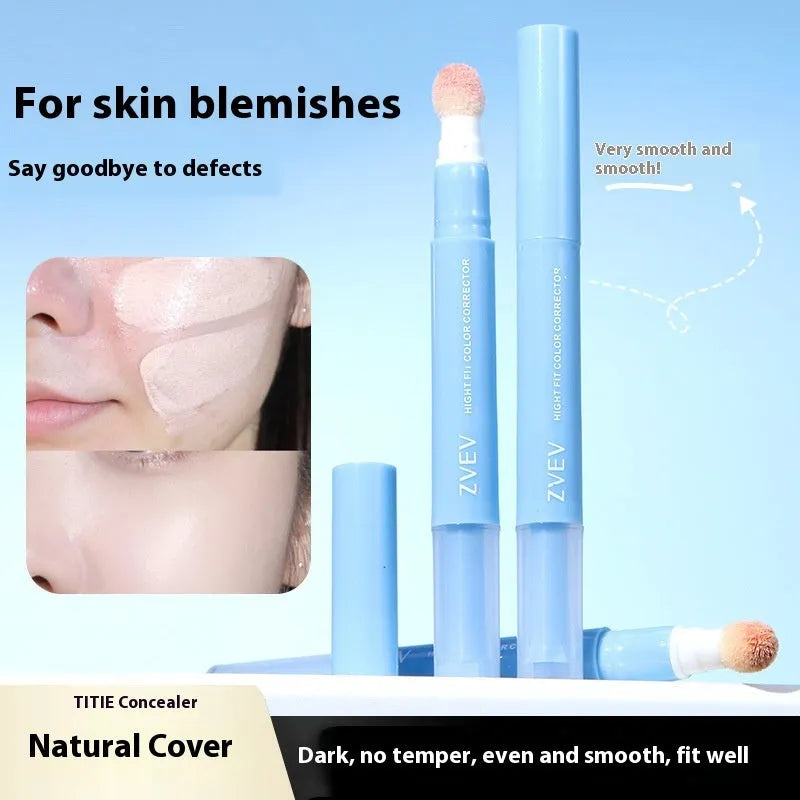 Concealer pen cream with sponge brush head in three shade options for skin and clothing.