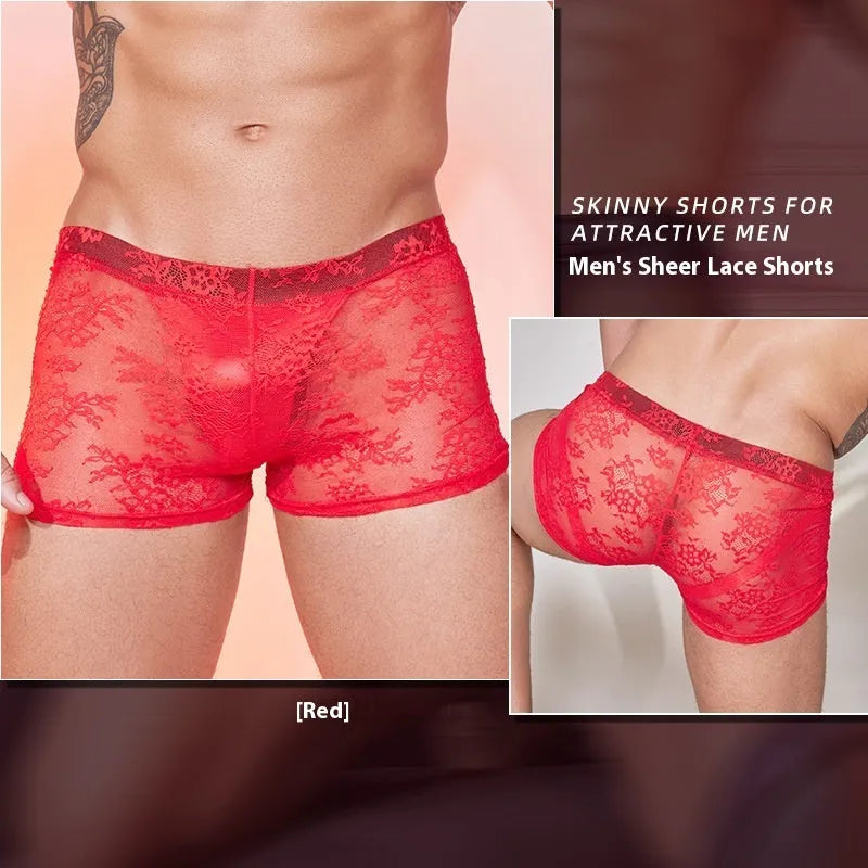 Men's black nylon boxers with a lace design detail on a free size mannequin.