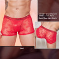 Men's black nylon boxers with a lace design detail on a free size mannequin.
