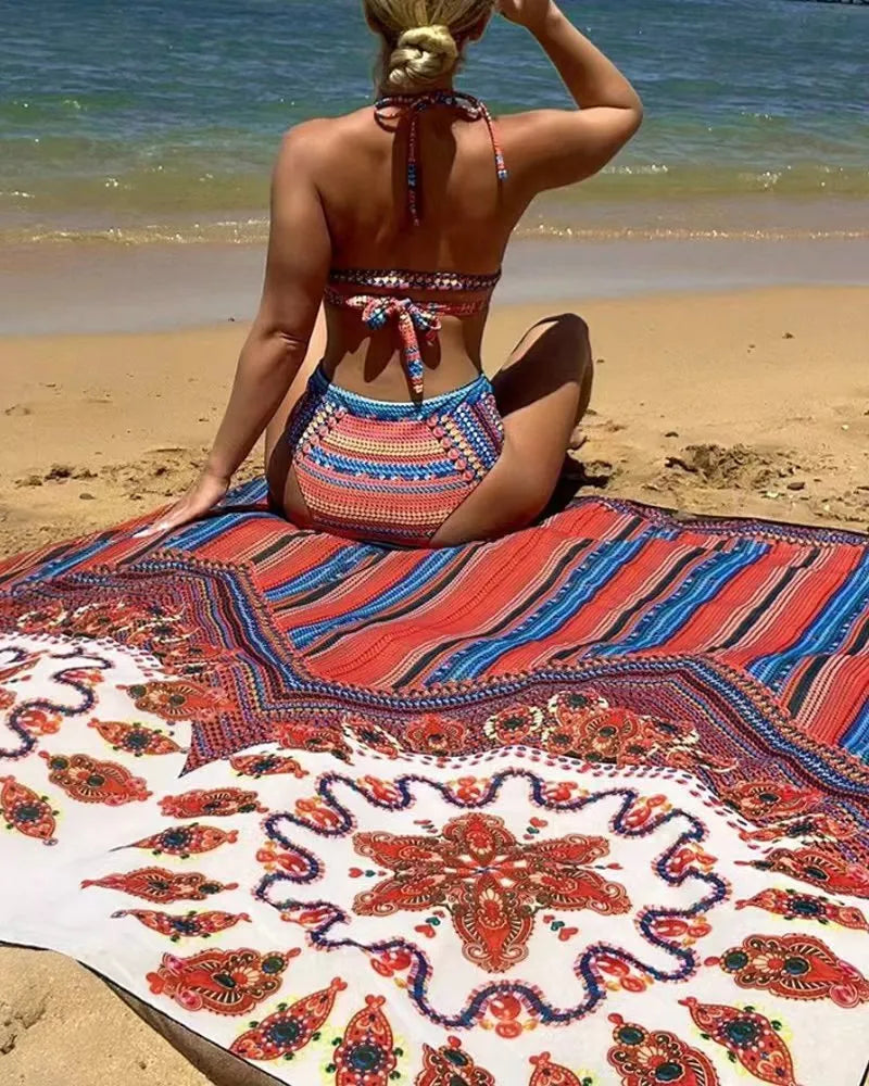 Women's three-piece swimsuit set showing sleeveless blouse, high-waisted briefs, and matching coat in picture colour