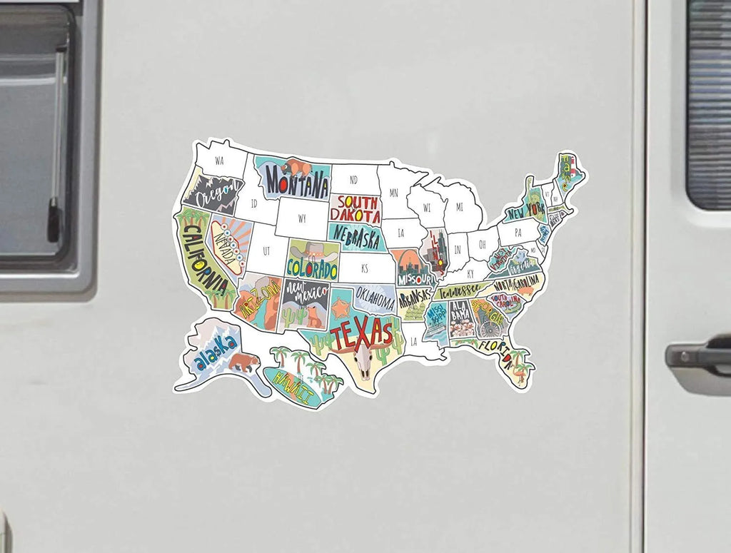 Travel-themed car body sticker set with map design and individual letter decals on white background