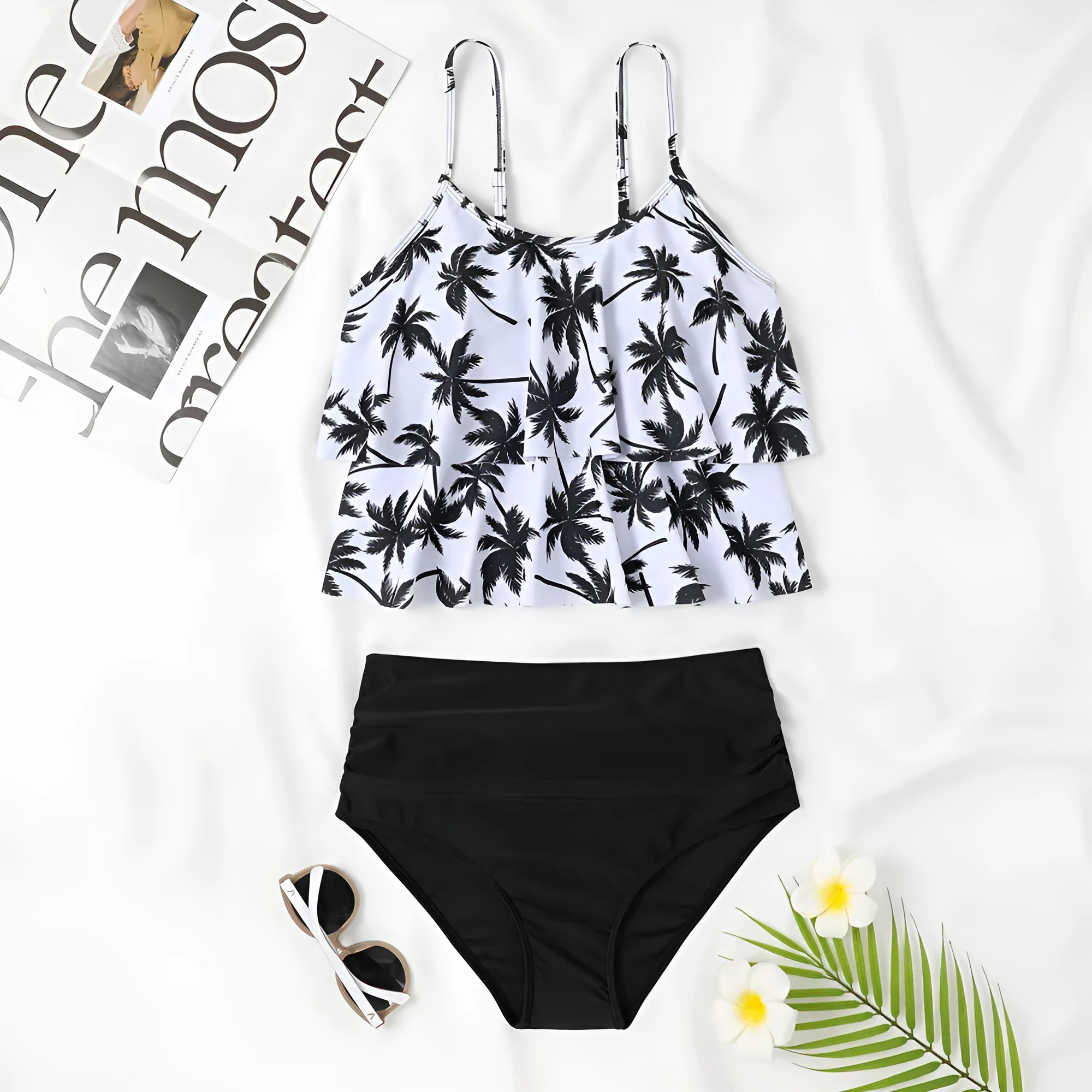 Women's high waist double-layer polyester swimsuit in black or coconut tree print.