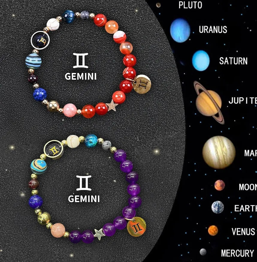 Twelve individual zodiac sign bracelets with natural stone beads and constellation charms on adjustable cords