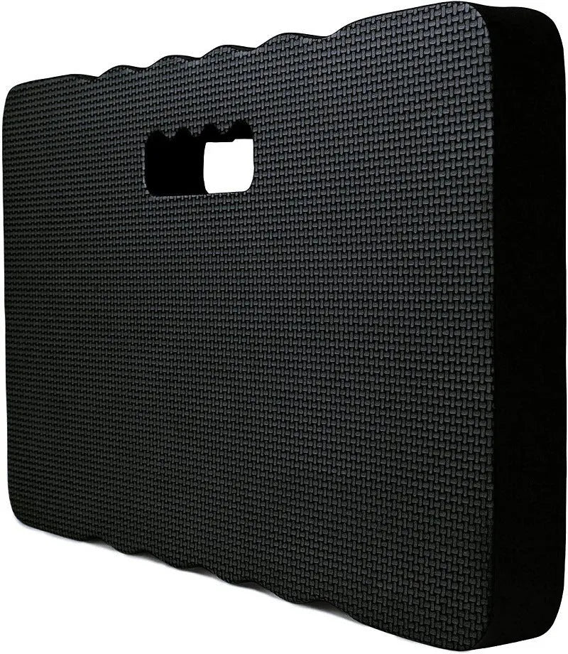 Blue plastic EVA foam garden kneeler pad on grass, showing size and thickness.