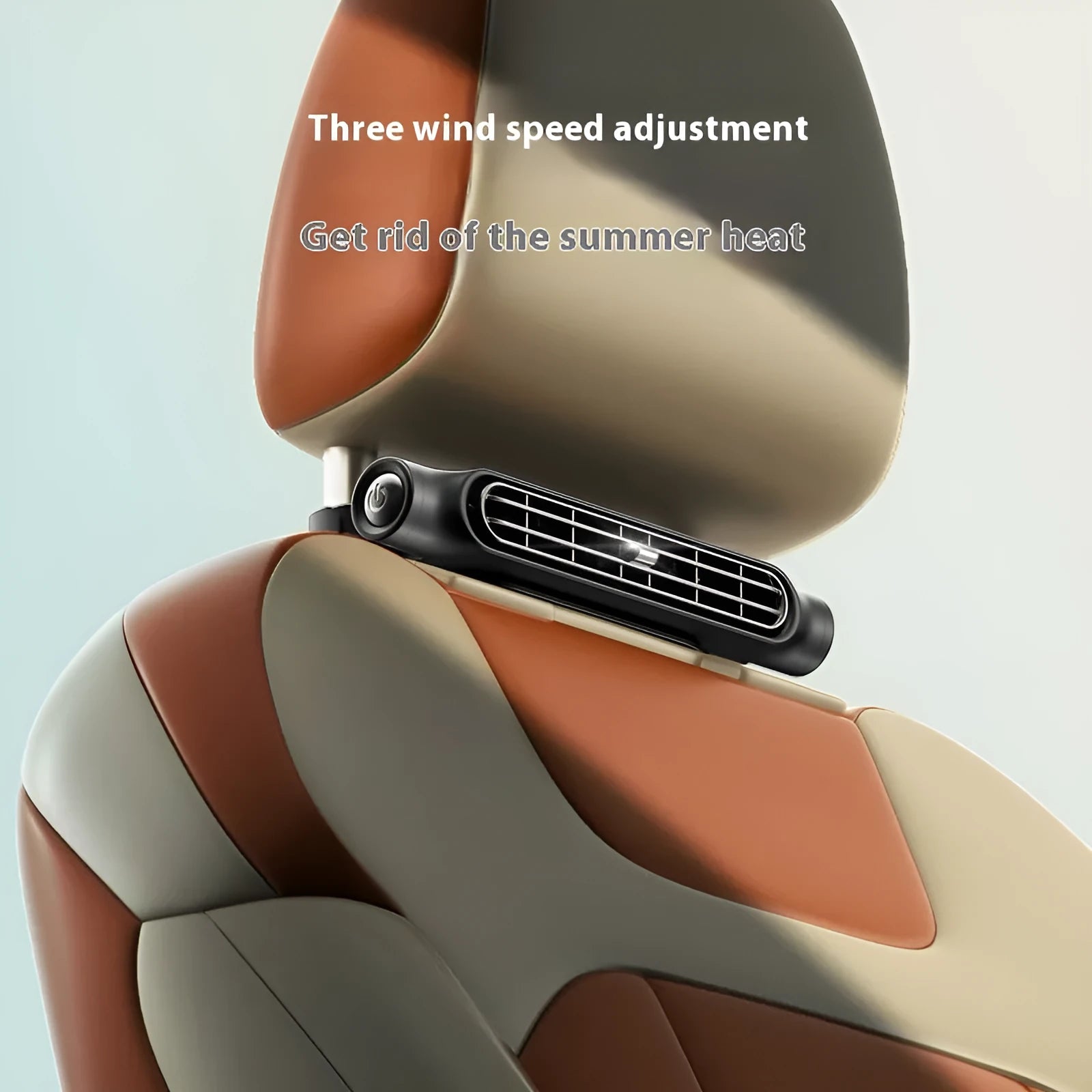 Creative USB plug-in car seat fan with brushless motor mounted on headrest with Velcro strip.