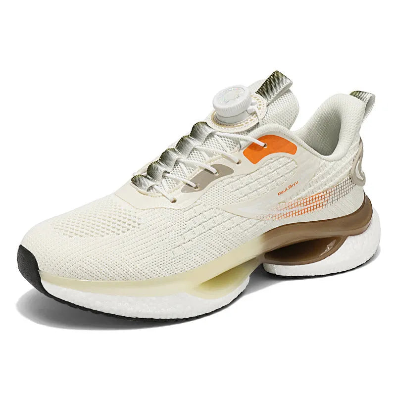 White low-top running shoes with a rotating buckle closure and Fly-knit mesh upper.