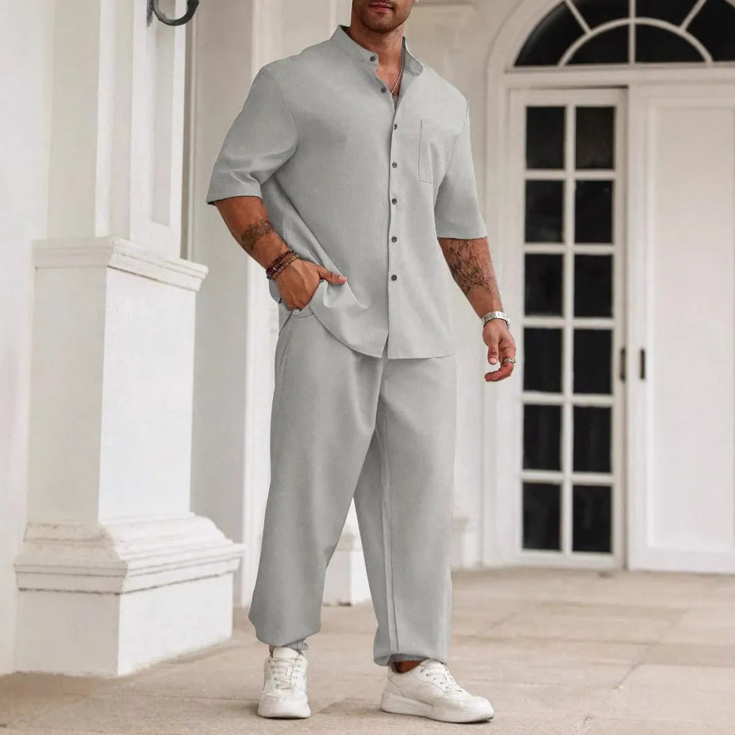 Men's cotton linen casual button short-sleeved trousers set with matching shirt in apricot colour