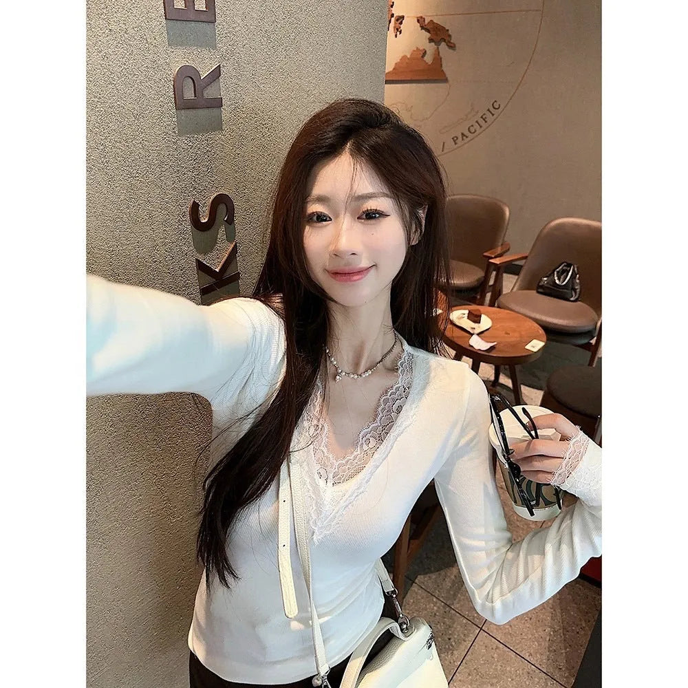 Women white V-neck long sleeve top with lace stitching in polyester knit slim fit