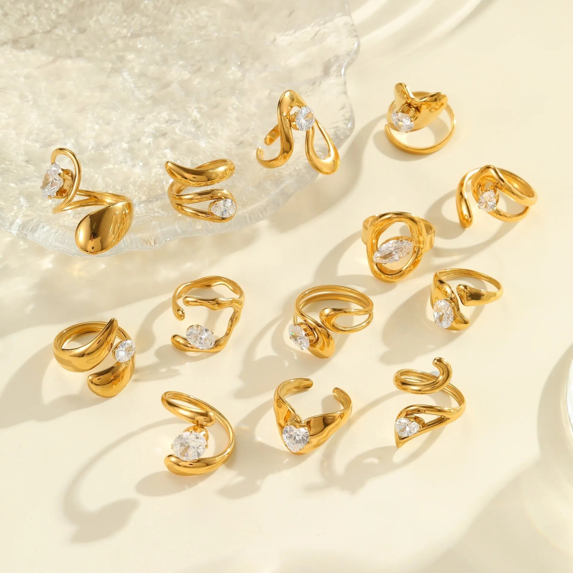 Geometric open mouth zircon ring showing adjustable design and electroplated finish