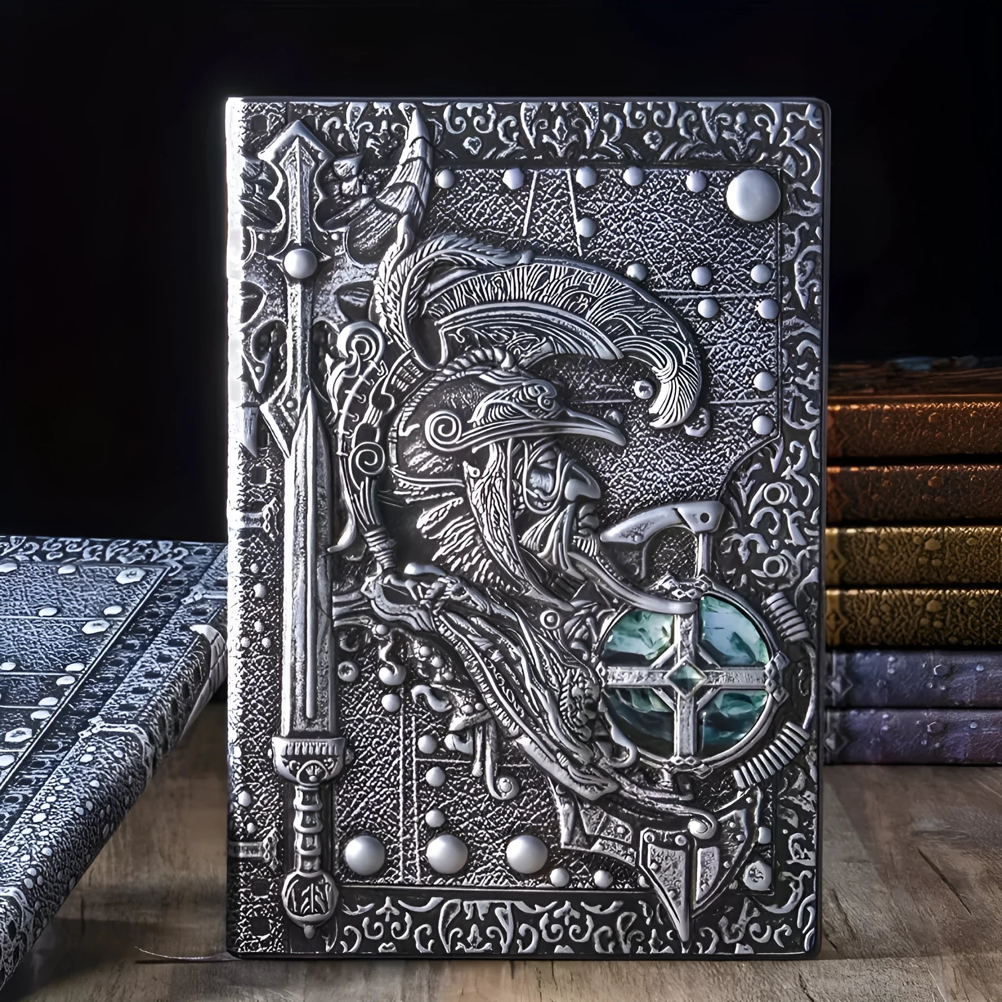 A5 leather notebook with 3D embossed warriors relief design in bronze, red bronze, silver, and multicolor colours.