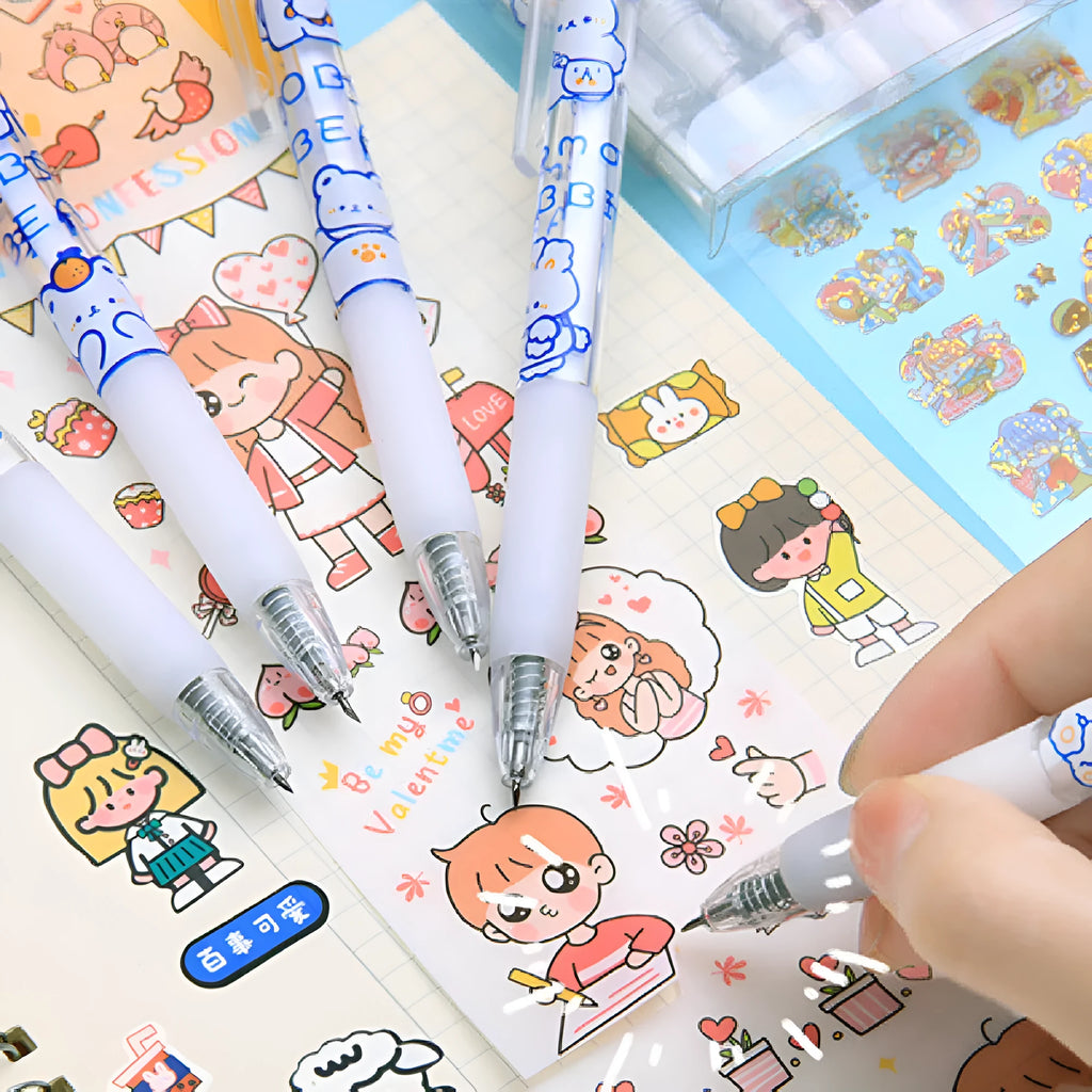 Set of six cute cream bear and rabbit character press pen knives on a white background.