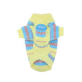 Blue and yellow striped wool winter sweater for small dog breeds on mannequin
