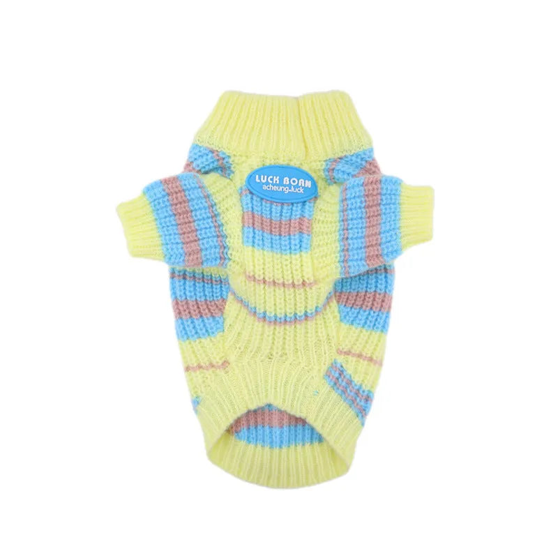 Blue and yellow striped wool winter sweater for small dog breeds on mannequin