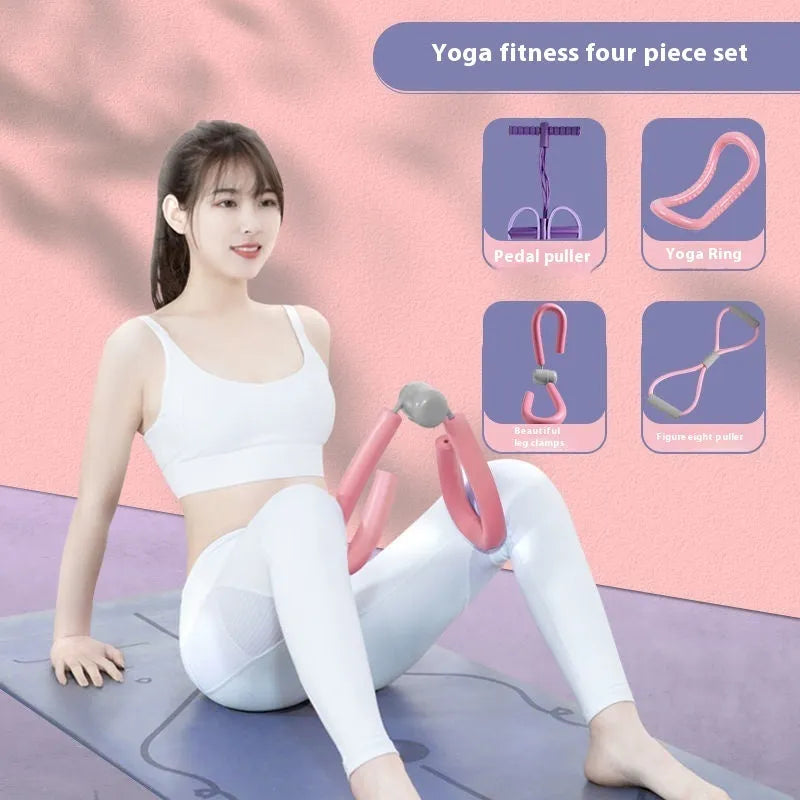 Yoga four-piece fitness set showing leg stretching device, yoga ring, pedal expander and figure eight tension rope
