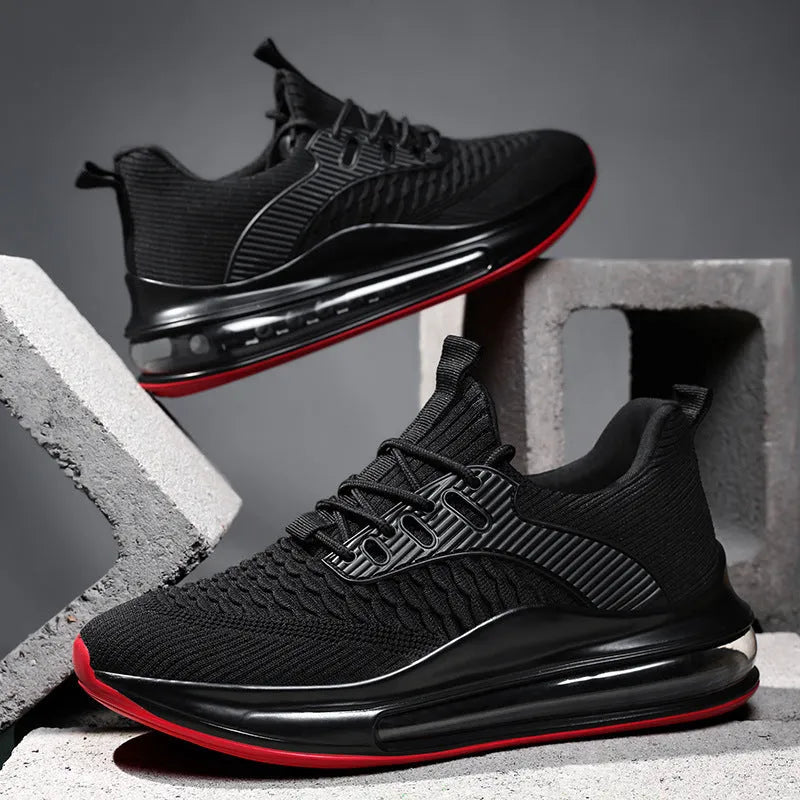 Men's black mesh running shoes with round toe and lace-up front closure