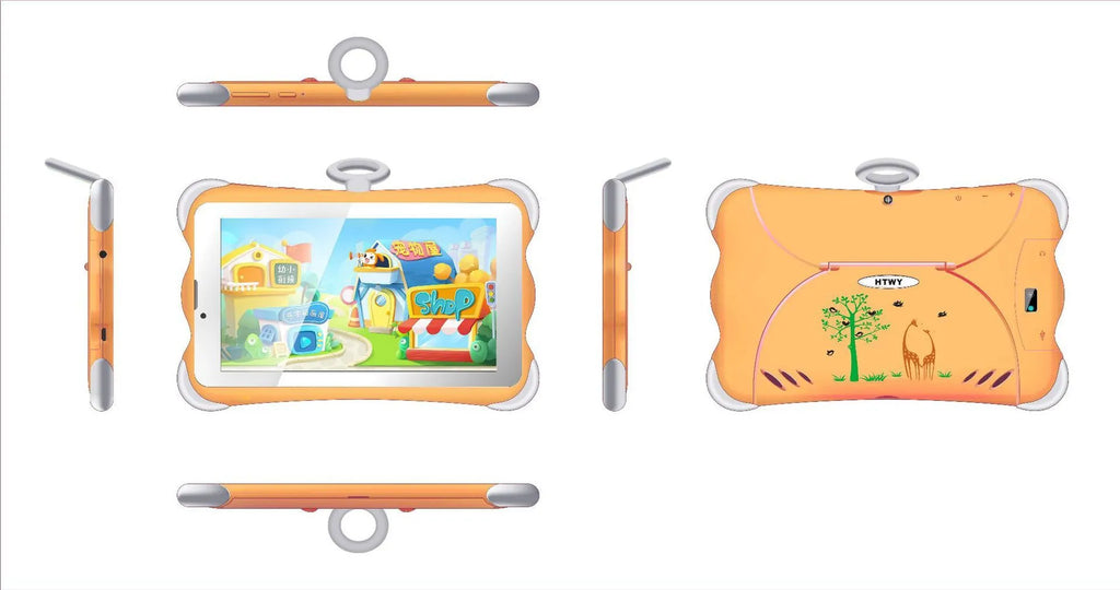 Cartoon-coloured 7-inch children's learning tablet with a flip-out stand on a table