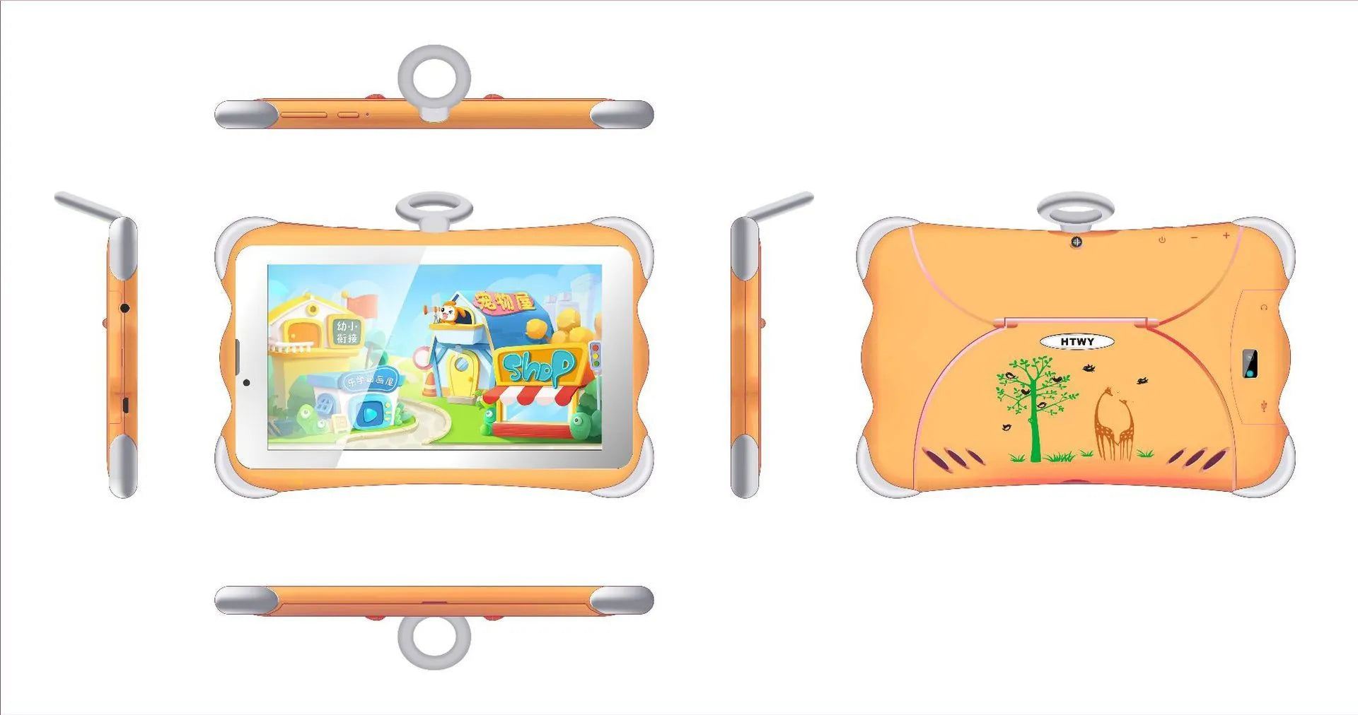 Cartoon-coloured 7-inch children's learning tablet with a flip-out stand on a table