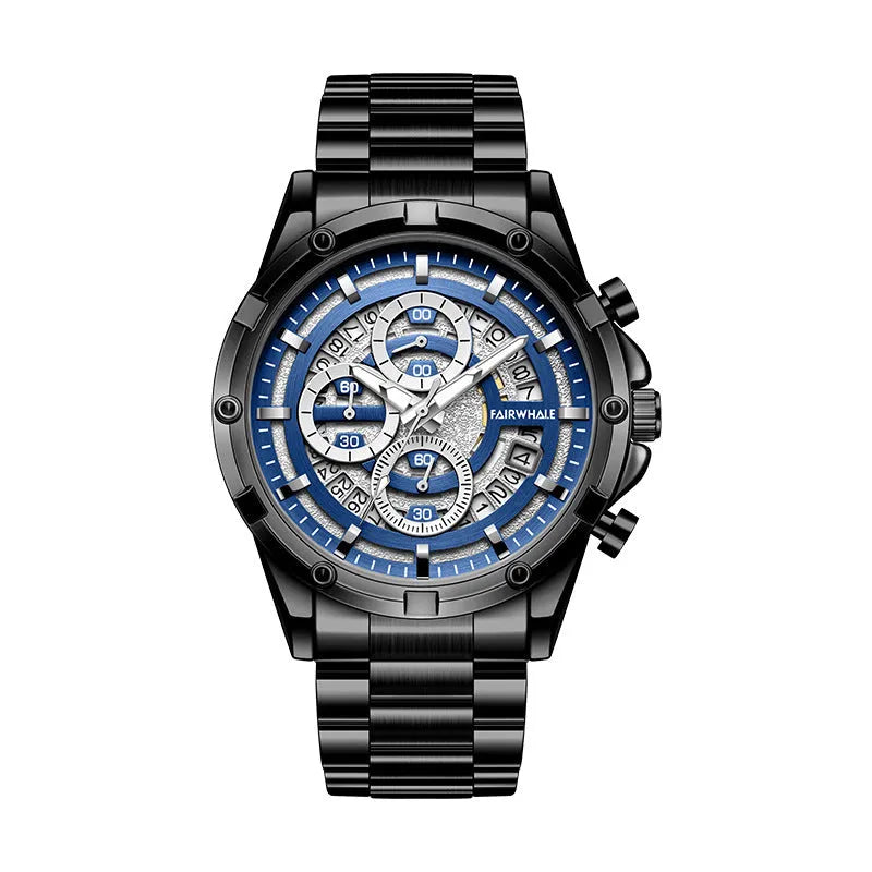 Men's waterproof luminous quartz watch with steel bracelet in black and blue, black and gold, or silver and white colour options