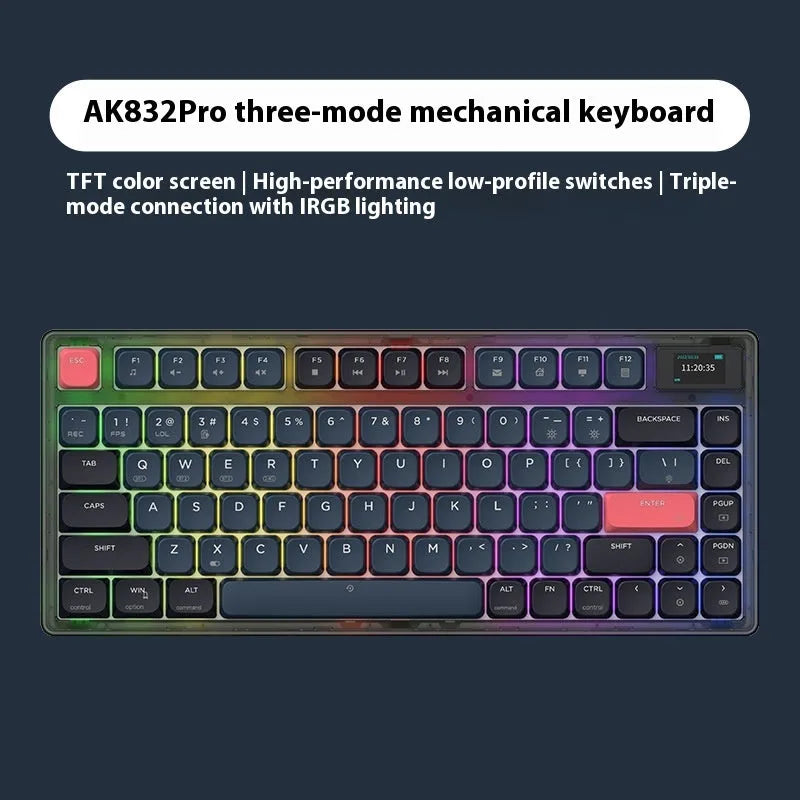 Ajazz AK832PRO mechanical keyboard with colour screen and RGB lighting on desk