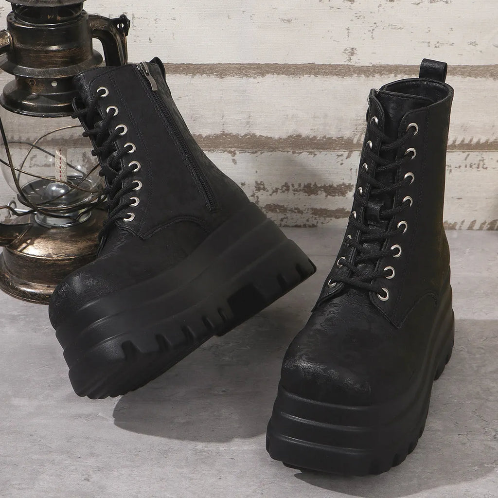 Women's white retro platform ankle boots with patchwork design and side zipper.