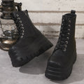 Women's white retro platform ankle boots with patchwork design and side zipper.