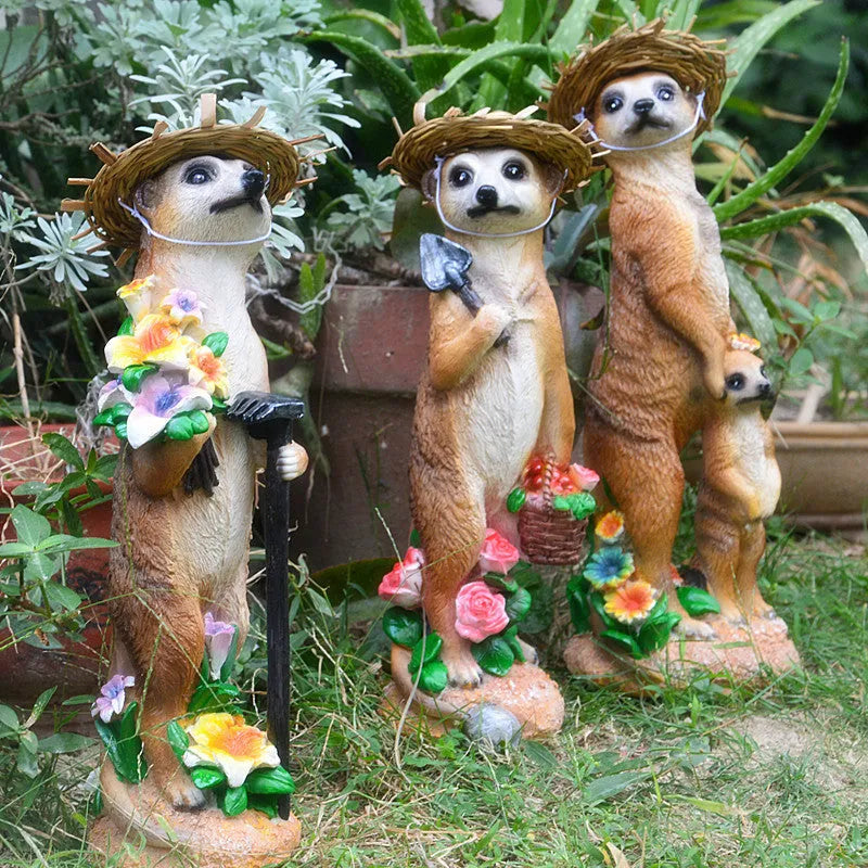 Plastic resin mongoose garden ornament with straw hat in three colour variations