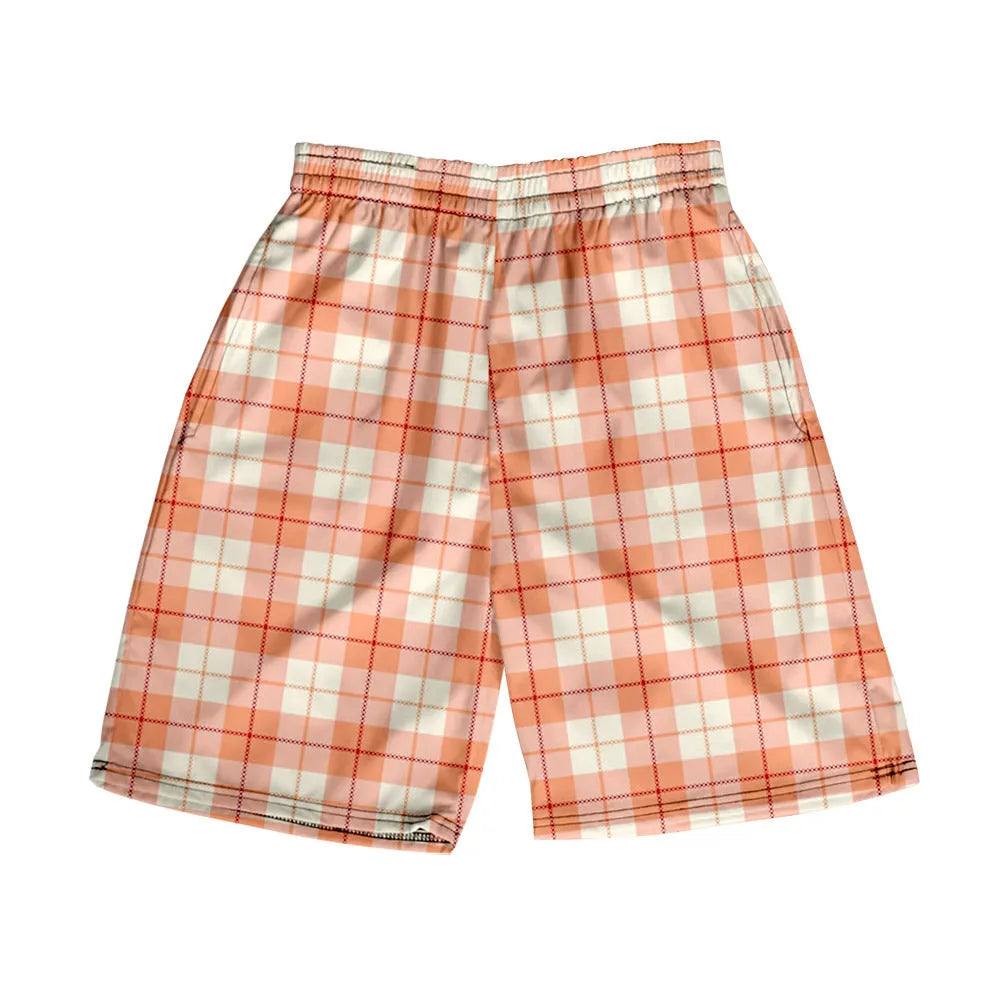 Men's plaid polyester shorts with elastic waistband in straight cut design